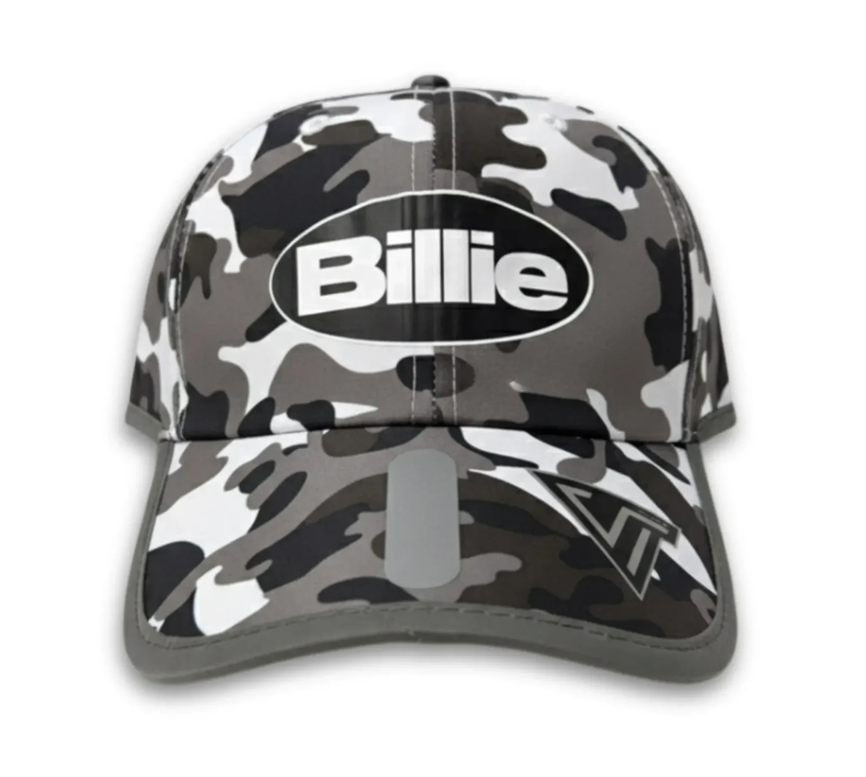 Gorra de estilo Camouflage en colores negro, gris y blanco con estampado del logo de Billie Eilish