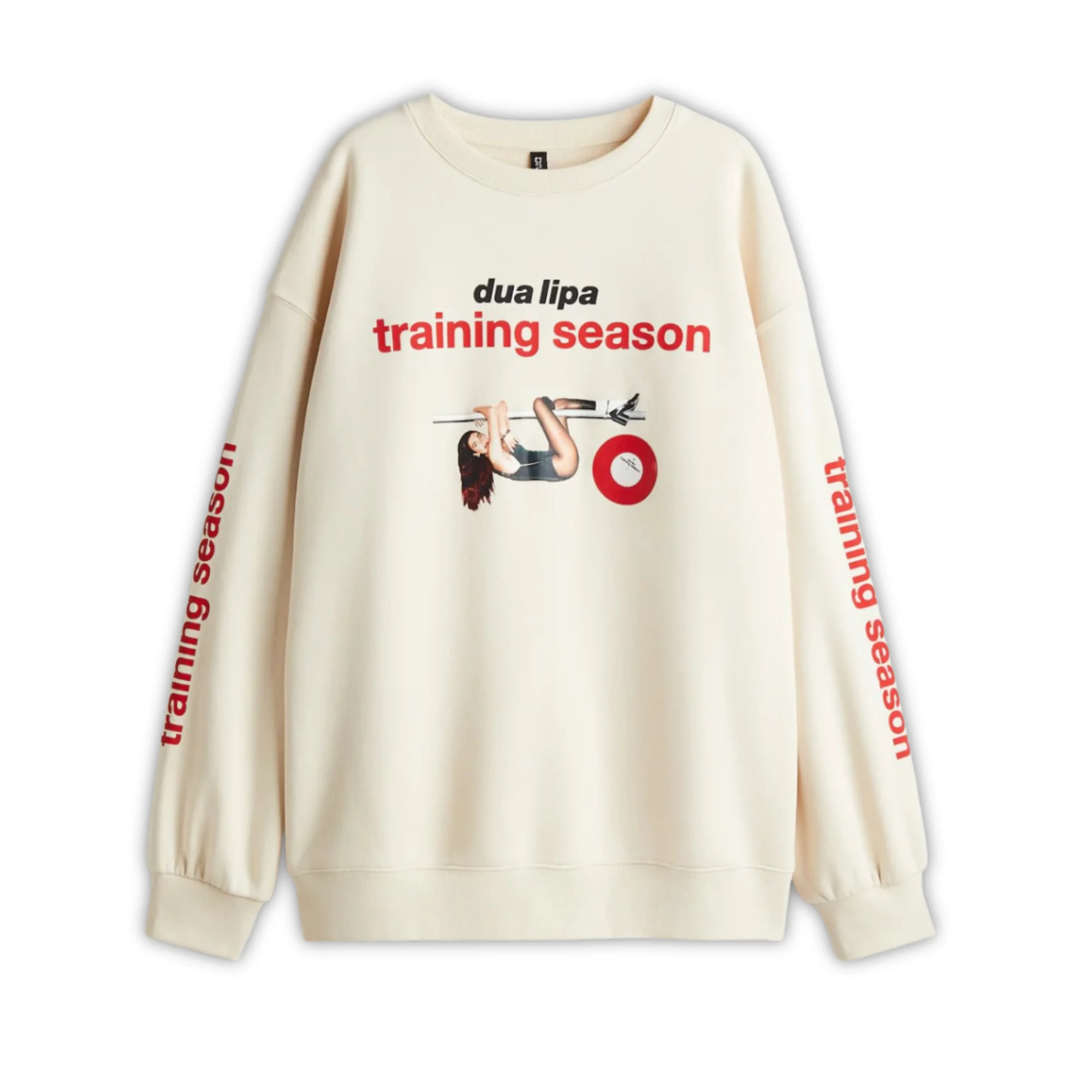 Sudadera color beige estilo oversized con estampado de Dua Lipa de la era Training Season, de marca H&M
