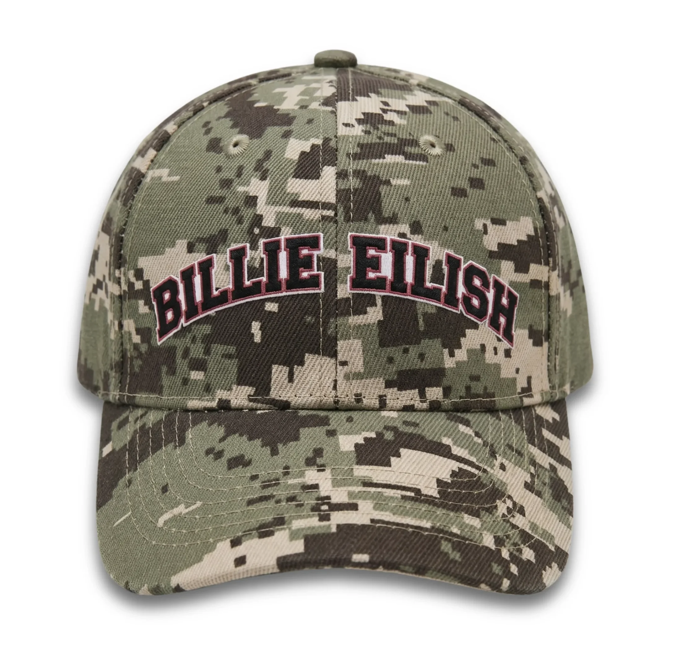 Gorra con estilo camouflage pixeleado en colores verde olivo, beige y verde oscuro con logo de Billie Eilish